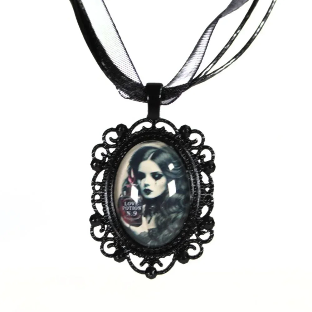 Gothic Victorian Witch Cameo Necklace Black Metal Pendant Love Potion
